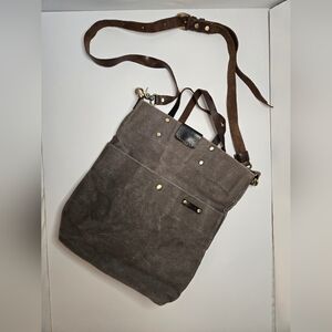 Waxed Canvas Leather Strap Unisex Charcoal Gray Crossbody Tote Bag